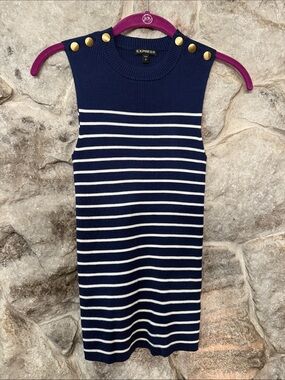 Express Navy and White Striped Sleeveless Knit Tank with Gold Buttons